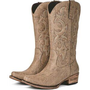 Women Camel Faux Leather Snip Toe Chunky Block Heel Embroidered Western Boot